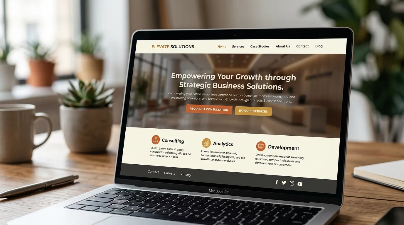 Budget-friendly website design on laptop screen, simple clean layout with basic sections, colorful but professional design, demonstrates affordable web solution